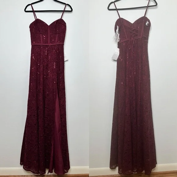 NEW David’s Bridal Jules and Cleo Sparkle Lace Dress with Corset Bodice Wine Red - Picture 3 of 12